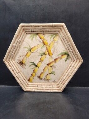 Vintage Handmade Canadian Ceramic Pottery Hexagon Bamboo Trivet Plate MCM
